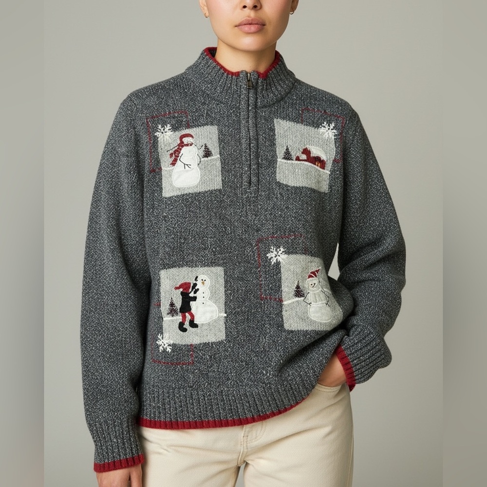 Northern Reflections Heathered Gray Snowman Christmas 1/4‎ Zip Sweater Sz M